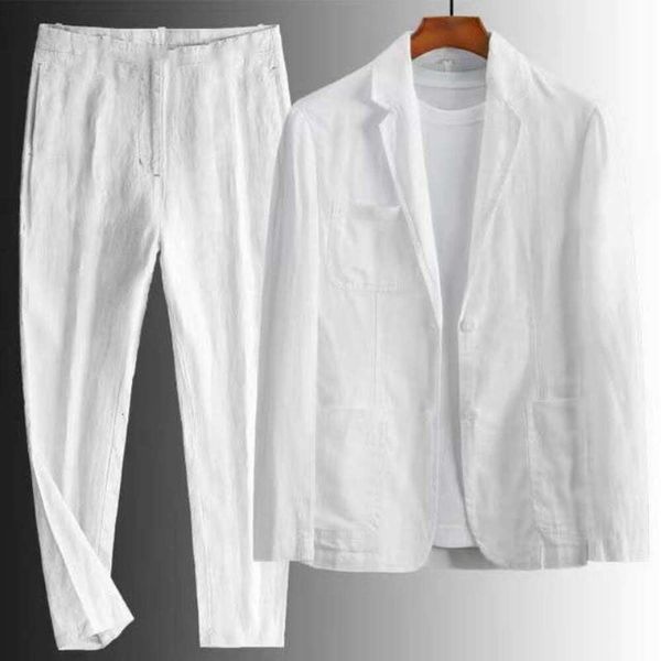 Conjunto de terno de linho casual minimalista para homens primavera/verão fino juventude moda coreana verão solto e bonito conjunto de duas peças