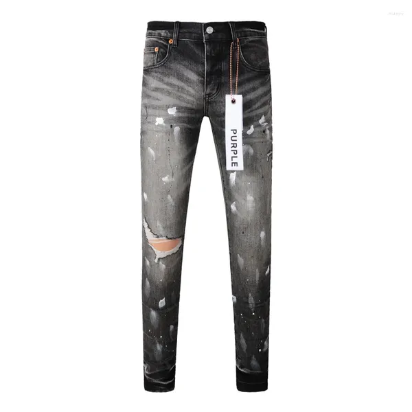 Jeans da uomo Arrivo Viola Vernice di marca Graffiti Distressed High Street Pantaloni skinny in denim nero slim fit Foro distrutto