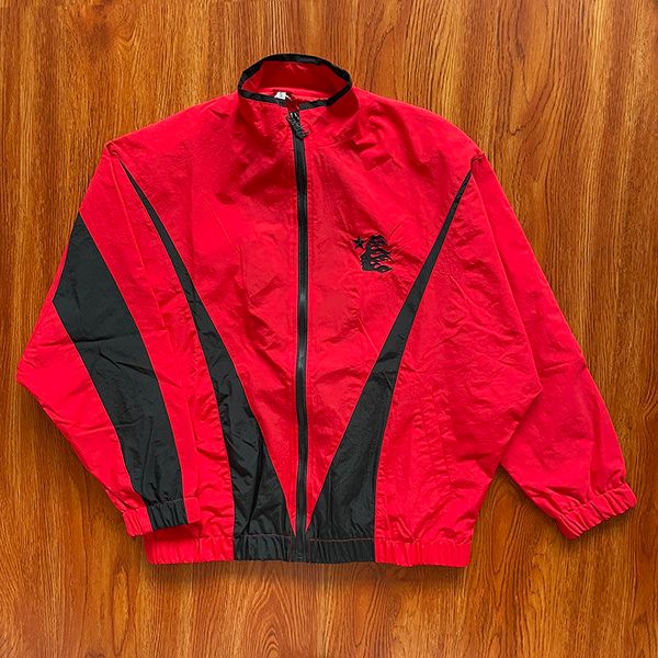 Hellstar Thriller Red Track Jacket Calças agasalho hipster tecido lavado Street graffiti Lettering foil print Vintage solto agasalho bordado carta terno