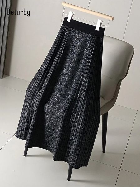 Saias femininas vintage de malha midi saia longa com seda brilhante estilo chinês cintura alta anti-pilling flare saia outono inverno k328 231218