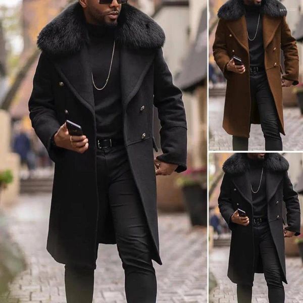 Jaqueta masculina de lã casual, cor sólida, slim fit, gola virada para baixo, corta-vento, outono inverno, comprimento médio, casaco de pele