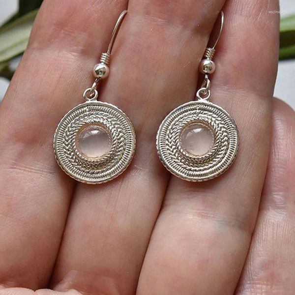 Висячие серьги, винтажные круглые серьги-капли с лунным камнем, геометрические серьги цвета античного серебра, металлический крючок для женщин, ювелирные изделия, подарок для вечеринки 2023