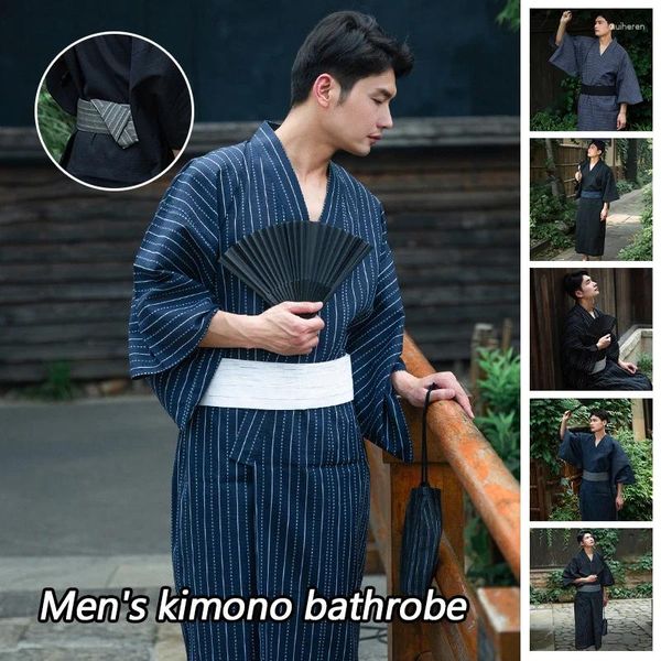 Ethnische Kleidung Traditionelle japanische Kimono Samurai Kostüm Yukata Sommer Männer Lange Roben mit Gürtel Baumwolle Pyjamas Set Männliche Nachtwäsche