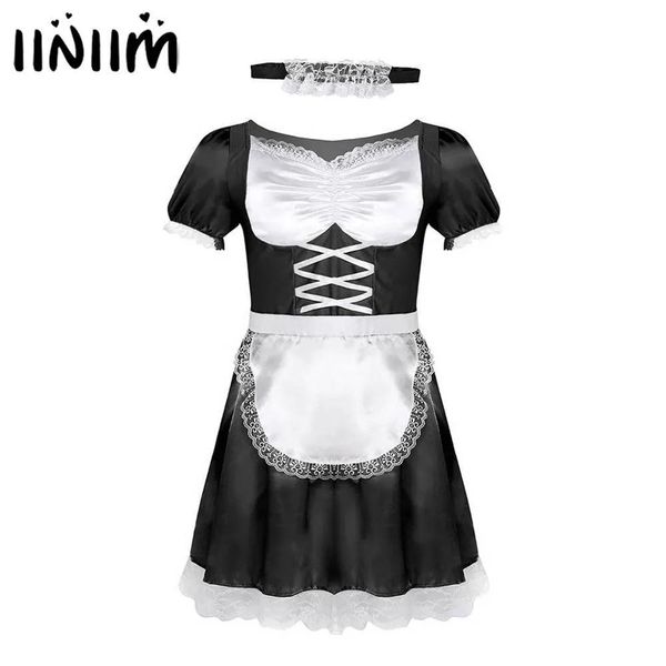 Mutandine iiniim Uomo Sissy Cameriera francese Uniforme Vestito operato Costumi sexy divertenti Clubwear Feste Abito in raso con girocollo e fascia L0407