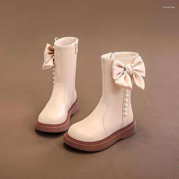 Сапоги, обувь для девочек, детская модная длинная обувь без каблуков, осень-зима 2023, плюшевая обувь для маленьких девочек средней высоты, принцесса