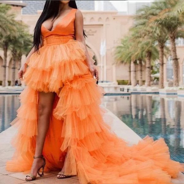 Rock Fashion High Tulle Tutu Promrock mit langem Zug Orange Lush Tulle Stufe Rüschen Abendparty Röcke Maxi Hochzeitskleid