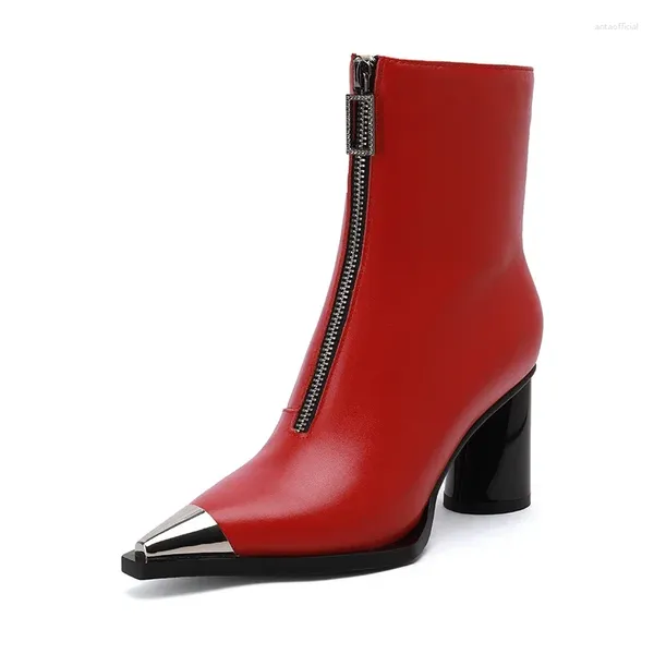 Stiefel Echtes Leder Frauen Knöchel Herbst Winter Runde Absätze Kristall Dame Schwarz Rot Metall Spitz High Heels