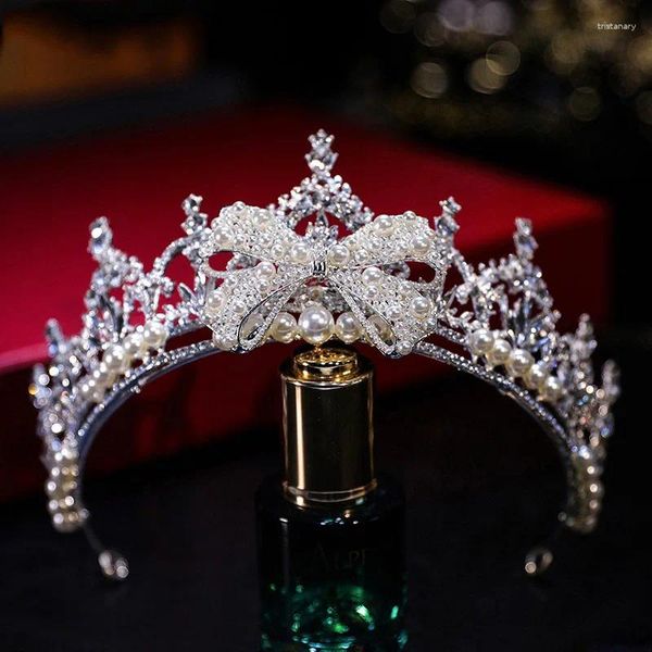 Grampos de cabelo Kmvexo barroco zircônia cúbica coroa nupcial tiaras pérola bowknot strass concurso diadema dubai jóias acessórios de casamento