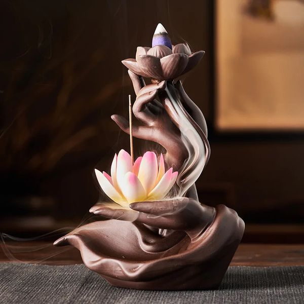 Dekorative Objekte Figuren Keramik Lila Sand Rückfluss Räucherofen Zen Buddhistische Hand Kreativer Raumdufteinsatz Teller Zubehör 231218