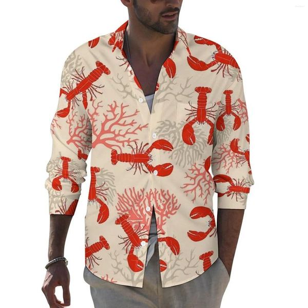 Camisas casuais masculinas lagostas vermelhas camisa engraçada masculina costeira coral outono retro blusas manga longa roupas de tamanho grande personalizado