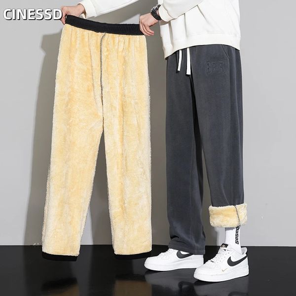 Calças masculinas ao ar livre calças de perna larga veludo forro sweatpants neutro cor sólida baggy engrossado inverno velo solto carga 231218