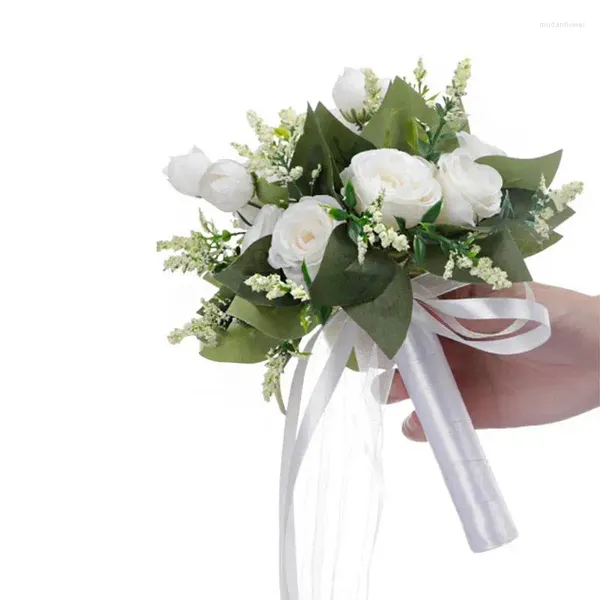 Dekoratif çiçekler gelin buketleri düğünler için batı tarzı beyaz gül yapay düğün çiçek diy kek