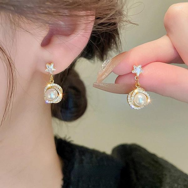 Dangle Earrings Gorgeous Flower Star Imitation Pearl For Women Luxury Inlaid Sparkling Cz Cubic Zircon Fashion Wedding Jewelry