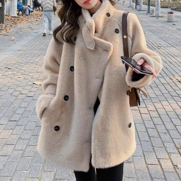 Cappotto da donna in pelliccia di agnello e lana, colletto doppiopetto, colletto rialzato, temperamento alla moda all-in-one, autunno e inverno