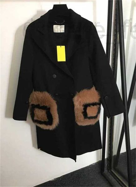 Misto lana da donna Designer Nuova lettera F Tasca in pelliccia di volpe più cappotto caldo in peluche Nero bianco NATR IMO7