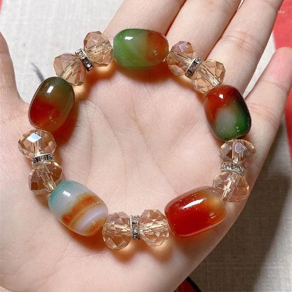 Bracciale rigido in agata naturale, autentico giada, calcedonio, tre colori, perline a secchiello, coppia maschile