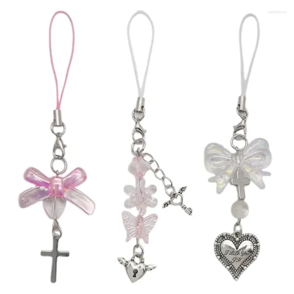 Chaveiros Corrente de telefone Bow-Love Straps Y2K Charme colorido Cross-Heart Butterfly-Kawaii Lanyard Pulseira de pulso