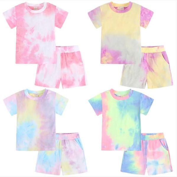 Crianças roupas de grife meninas tie dye verão conjuntos de roupas meninos manga curta t-shirts shorts outfits solto tops calças ternos lazer wear bj