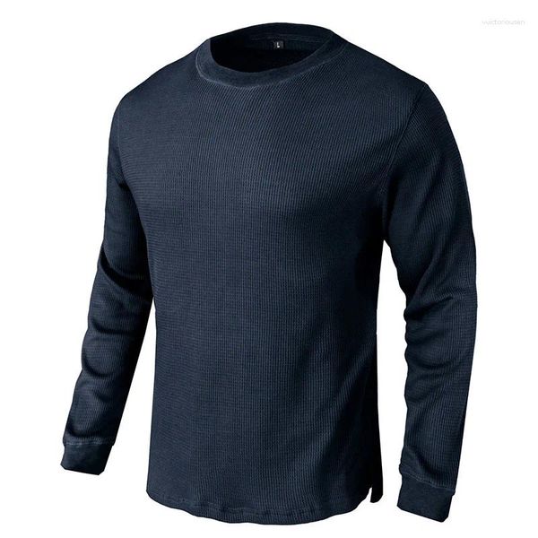 Camisas masculinas Duyit solta em torno do pescoço de mangas compridas t-shirt outono / inverno cor sólida selvagem waffle básico