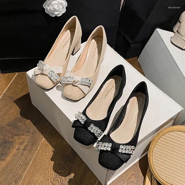 Kleid Schuhe Frauen Schöne Chunky Heels Pumps Mädchen Strass Schleife Hohe Süße Hochzeit