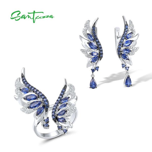 Collane Santuzza Set di gioielli in puro argento sterling per le donne Blu bianco Cz Ali d'angelo Orecchini Anello Set Edgy Trendy Fine Jewelry
