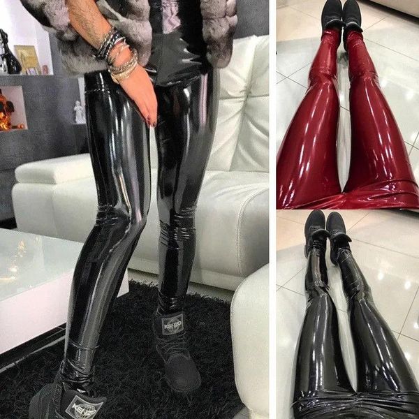 Leggings femininas brilhantes de vinil falso couro envernizado stretch leggings aparência molhada calças de PVC PU, duas cores preto vermelho