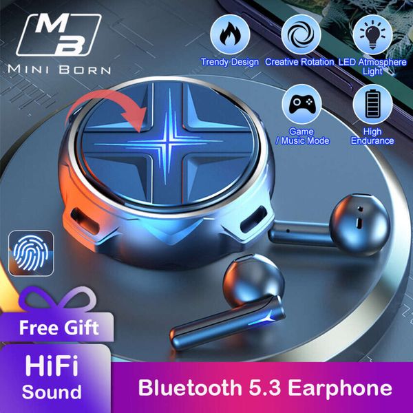 Auricolare Mini-nato in cuffie con luce HIFI LED umore 5.3 Trend Ring Star Esporta gioco in metallo Il carattere audio Bluetooth Annulla l'auricolare stereo