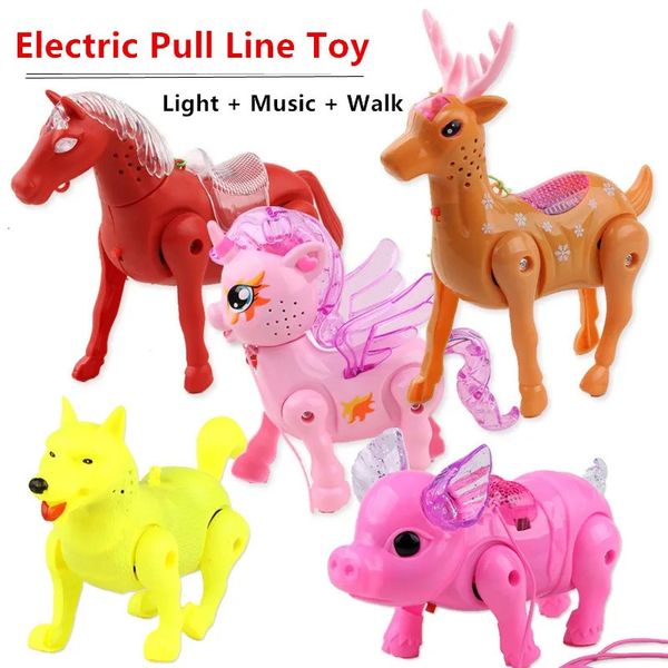 Baby Music Sound Toys Linea di trazione elettrica giocattolo animale Unicorno Cavallo Cervo maiale e cane Con musica leggera Fune da trazione ambulante Animale per Chi 231218