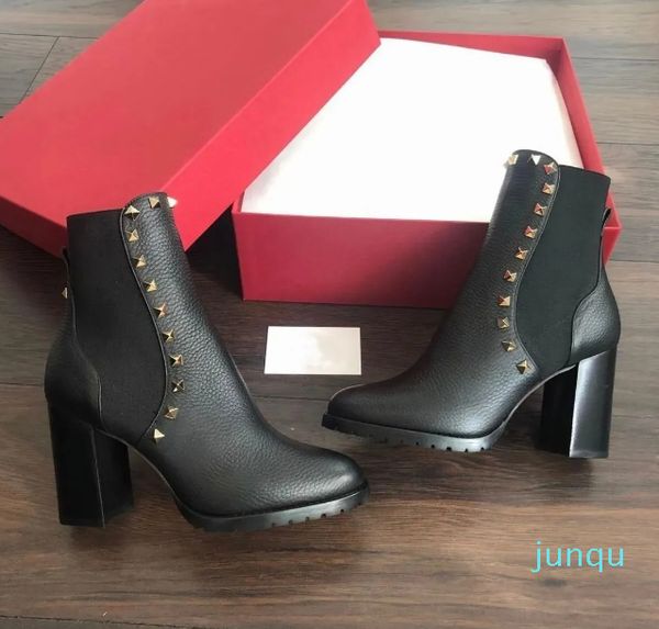 Marcas de inverno Botas de Tornozelo Mulheres Preto Couro Granulado Chunky Sole Martin Botas Senhora Vestido de Festa de Salto Alto Vermelho Designer Bota de Motocicleta