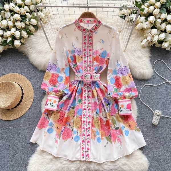 Casual jurken chique print elegante lantaarn mouw met riem jurk a-lijn vakantie feest damesmode herfst lente vestidos