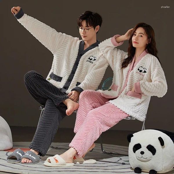 Homens sleepwear inverno grosso panda térmica veludo pijamas conjunto para casal quimono estilo amantes homem e mulher combinando cardigan pijamas