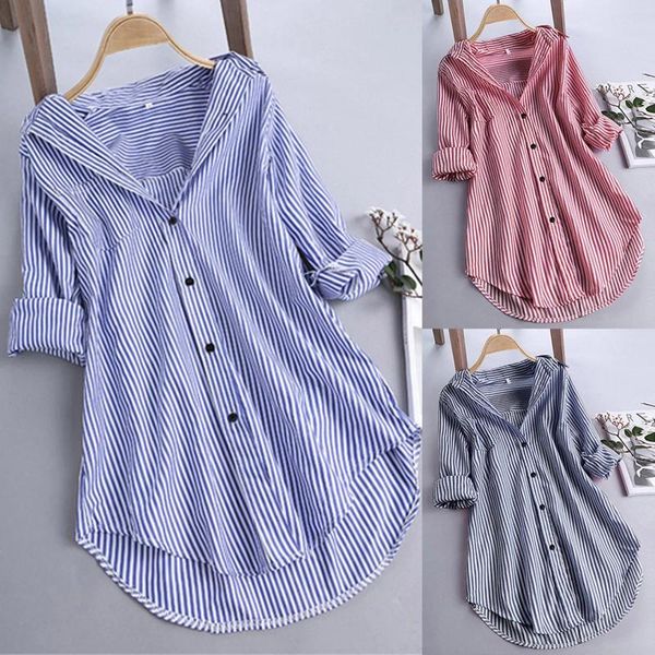 Blusas femininas M-4XL Mulheres Túnica Camisa Listrada Mangas Compridas V Neck Mid Long Turn-down Collar Solto Fit Casual Verão Elegante Senhoras Blusa