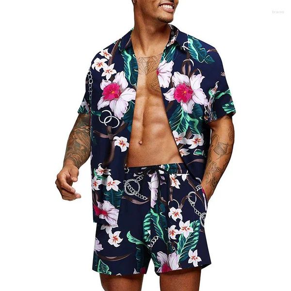 Tute da uomo Trend Uomo Set hawaiani Stampa di piume estive Camicia a maniche corte con bottoni Pantaloncini da spiaggia Due set Viaggio casual Uomo 2 pezzi