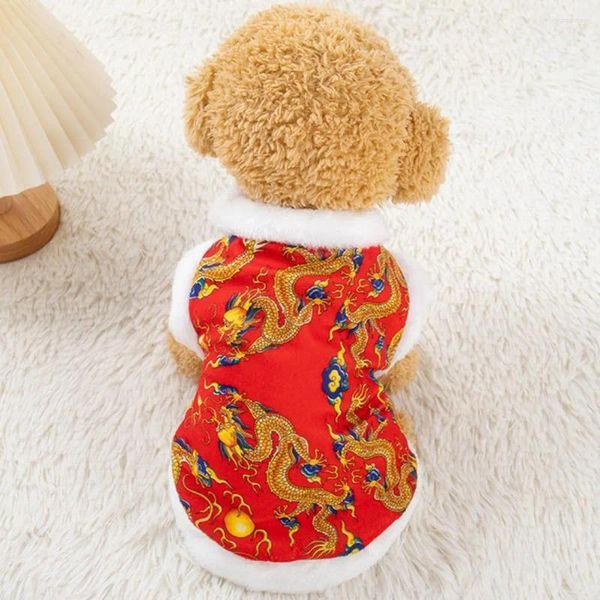 Cão vestuário pet casaco de pelúcia borda botão design estilo chinês dragão padrão colete de inverno para festival de primavera roupas de ano