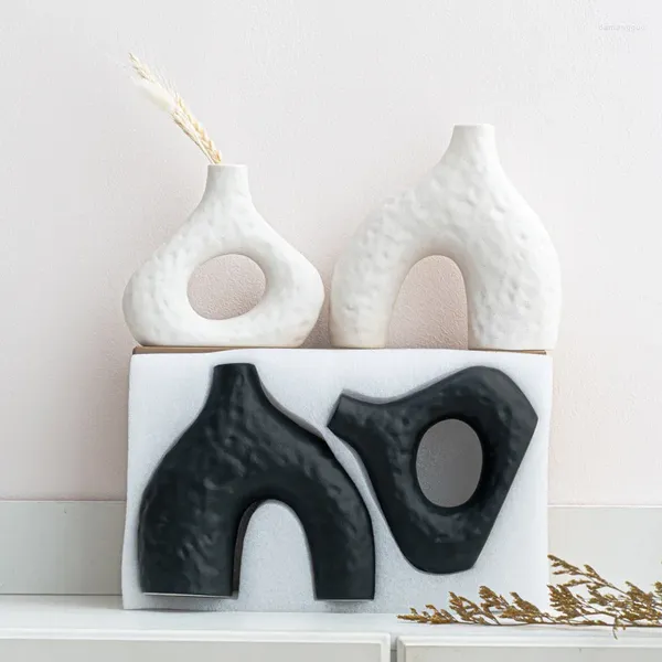 Vasos preto e branco de duas cores vaso de cerâmica em pé conjunto ornamentos minimalista arranjo de flores decoração para casa