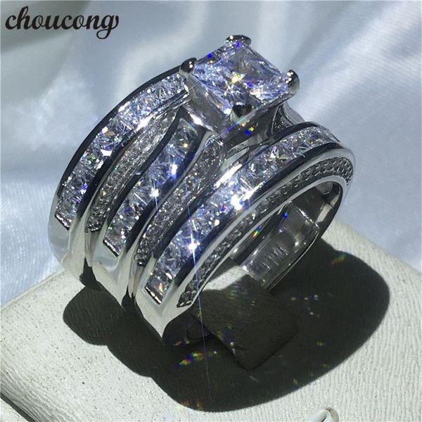 Choucong feminino masculino jóias 3-em-1 anel de casamento 14kt branco amarelo ouro cheio princesa corte diamante banda de noivado anéis298s