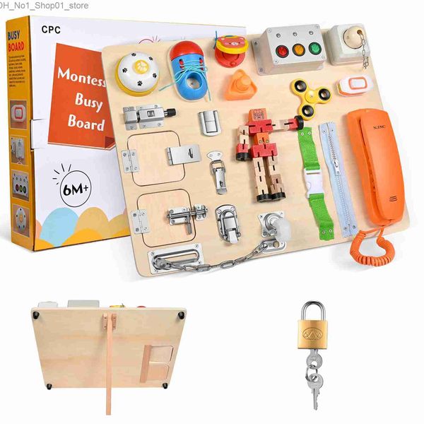 Sortieren, verschachteln, stapeln, Spielzeug, Holz, Busy Board, Busyboard, Kinder, Krawatte, Schuhe, Telefon, Schloss, Lampe, Montessori-Materialien, Schalter, Generator, Q231218