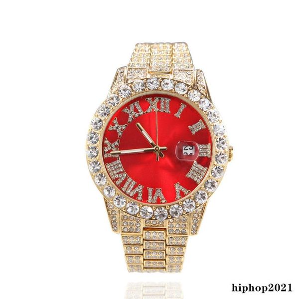Relógio de pulso cheio de diamantes, relógio de pulso masculino de quartzo com mostrador grande, moda hip hop, vermelho, verde, azul, calendário, quartzo, feminino, presente289d