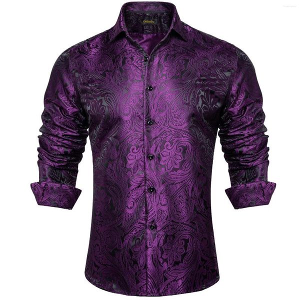 Vestido masculino camisas luxo roxo paisley manga longa camisa de poliéster de seda botão para baixo colarinho social festa de baile roupas masculinas