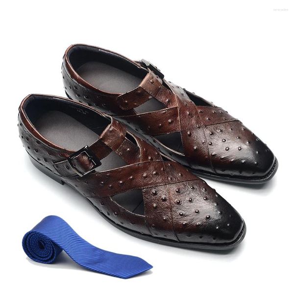 Sandálias estilo romano homens genuínos couro de vaca verão fivela cinta oca casual negócios vestido de casamento sapatos homens abertos