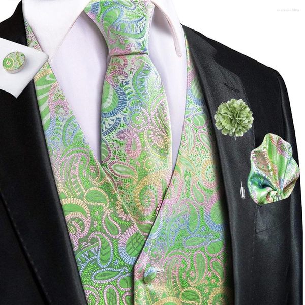 Coletes masculinos Hi-Tie Verde Rosa Seda Mens Novidade Paisley Colete Gravata Hanky Abotoaduras Broche Conjuntos para Homens Terno Casamento Formal Negócio