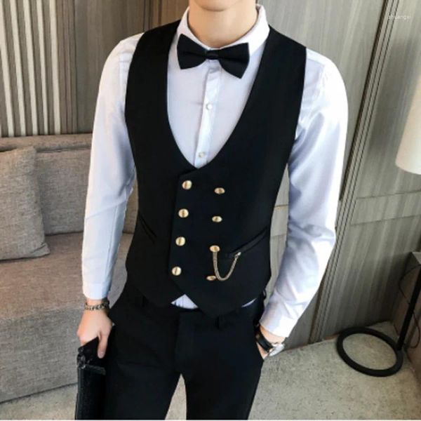 Coletes masculinos mais recente duplo breasted terno colete botão de ouro fino ajuste homem noivo casamento colete formal streetwear sem mangas jaqueta