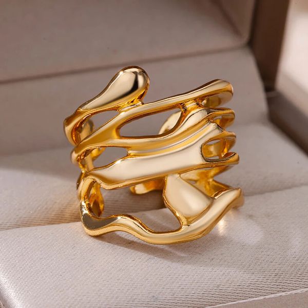 Bandringe Edelstahl für Frauen Männer Gold Farbe hohl breiter Ring weiblicher männlicher Party Fingerschmuck Geschenk 2023 Trend 231219