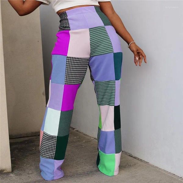 Calças femininas moda americana cintura alta xadrez calças impressas primavera estilo de rua personalizado