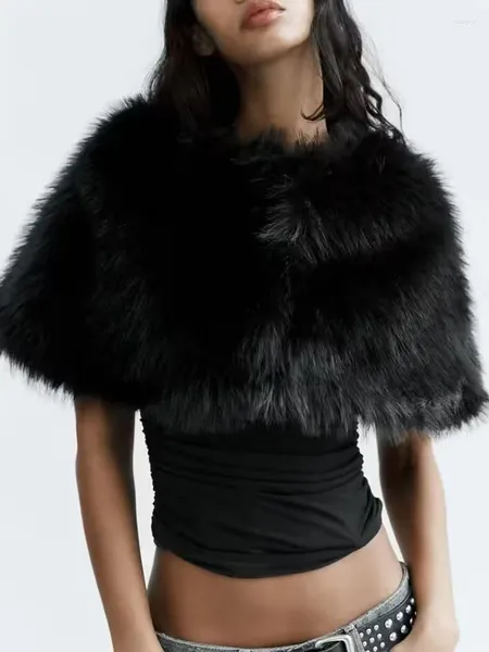 Casacos de pele feminina preto inverno falso capa manto moda um tamanho o-pescoço xale jaquetas vintage feminino sólido curto topos