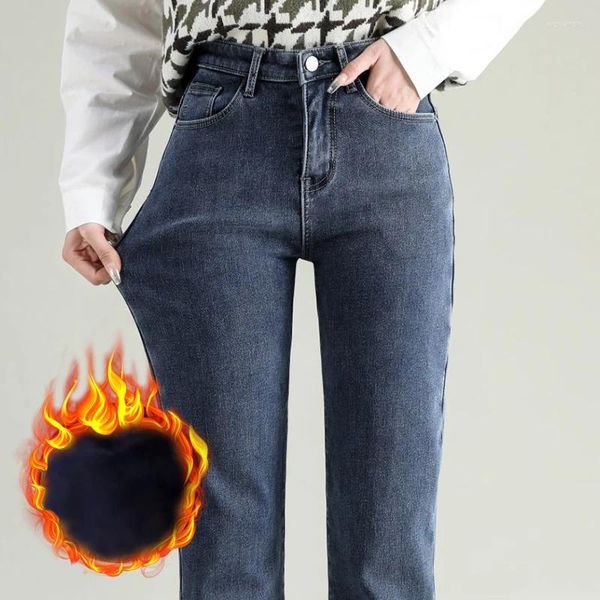 Jeans da donna Autunno Inverno Velluto Denim Donna Vintage Pantaloni caldi elastici a vita alta Pantaloni dritti di marca da donna