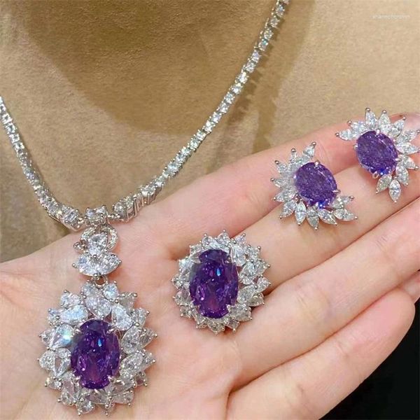 Halskette Ohrringe Set französische romantische lila kristall 925 sterling silber dreiteilige stud ring luxury designer jubilarsgeschenk