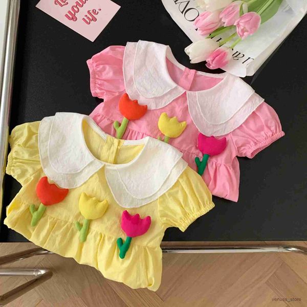 Mädchenkleider Baby Blume Strampler Mantel 0-2 Jahre altes Sommer Baby Girl Puppenkragen Kleid Erstes Jahr altes Kleid