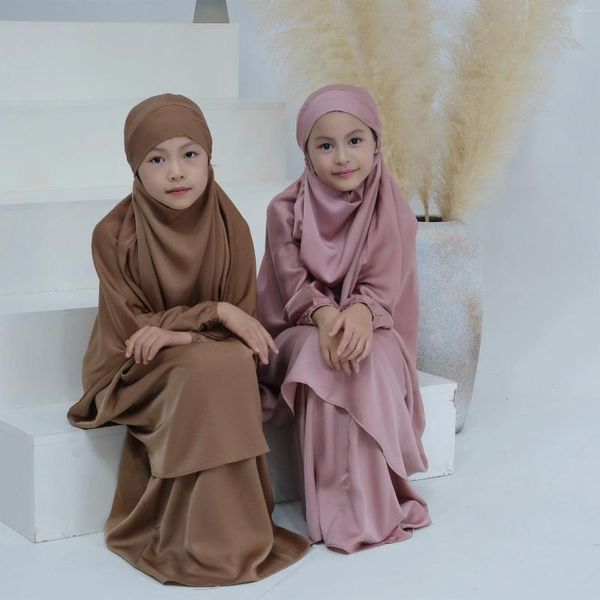 Ethnische Kleidung Eid Ramadan Muslimische Kinder Mädchen Hijab Kleid Mit Kapuze Khimar Rock Abaya Gebetskleidungsstück Islamische Volle Abdeckung Burka Niqab 2PCS