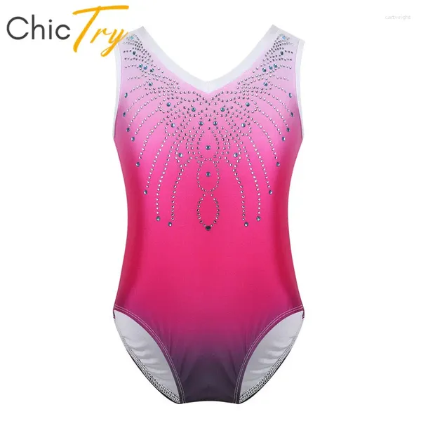 Stage Wear ChicTry Enfants Adolescents Une pièce Gymnastique Justaucorps Filles Sans Manches Brillant Strass Ballet Justaucorps Body Costume De Danse